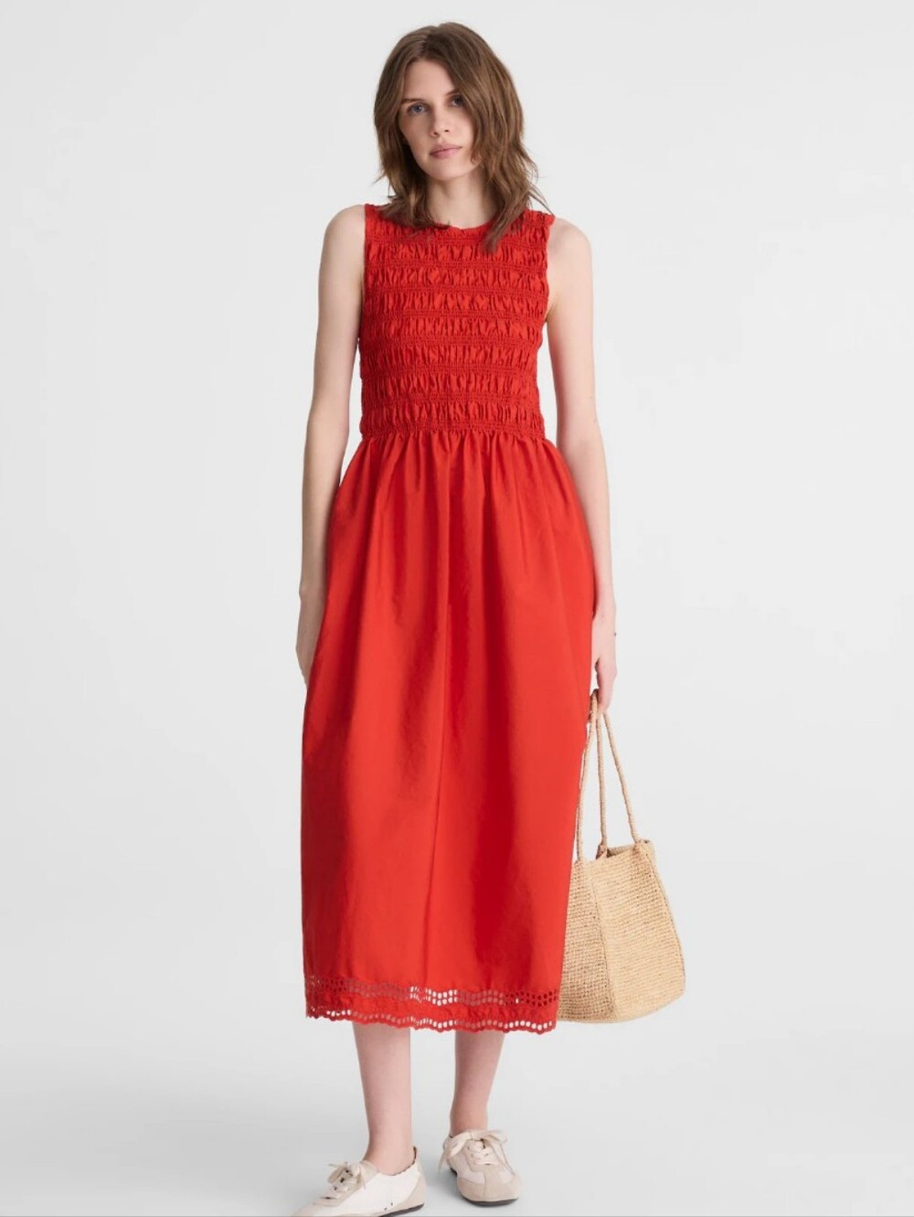 Madewell The Embroidered Melody Smocked Midi Dress NZ903 Wild Poppy Size M